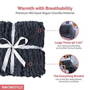 ThrowStyle Chunky Knitted Blanket - Soft Chenille Blanket Tight Knit Heavy Weighted - Large Full Size 50 x 60 Inch, Dark Grey