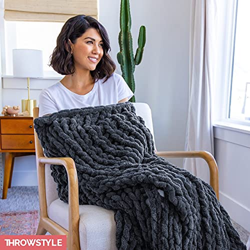 ThrowStyle Chunky Knitted Blanket - Soft Chenille Blanket Tight Knit Heavy Weighted - Large Full Size 50 x 60 Inch, Dark Grey