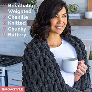 ThrowStyle Chunky Knitted Blanket - Soft Chenille Blanket Tight Knit Heavy Weighted - Large Full Size 50 x 60 Inch, Dark Grey