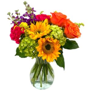 overnight delivery | hugs and kisses flowers with vase, yellow, orange and green | arabella bouquets fresh cut flowers