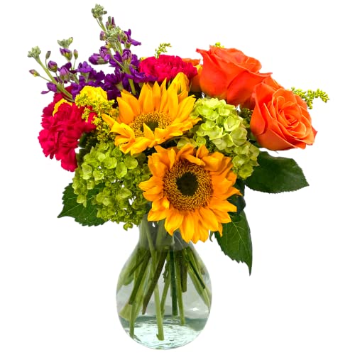 OVERNIGHT DELIVERY | Hugs and Kisses Flowers with Vase, Yellow, Orange and Green | Arabella Bouquets Fresh Cut Flowers