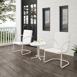 Crosley Furniture KO10019WH Bates 3-Piece Retro Metal Outdoor Seating Set with Side Table and 2 Chairs, White Gloss and White Satin