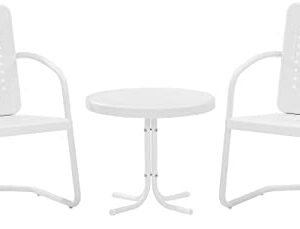 Crosley Furniture KO10019WH Bates 3-Piece Retro Metal Outdoor Seating Set with Side Table and 2 Chairs, White Gloss and White Satin