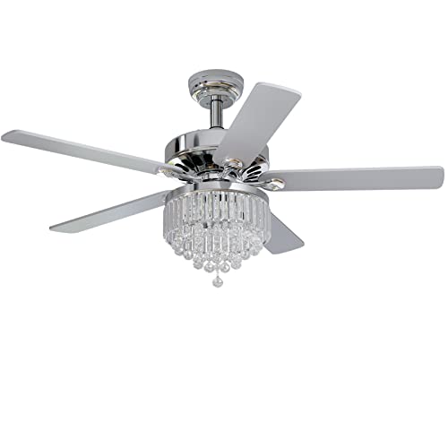 YITAHOME Chandelier Ceiling Fan with Remote, 52 Inch Crystal Fan Light, Indoor Fan Ceiling with 3 Speed, Silent Reversible Motor, Dual-sided Blades, Timer, Balance Kit - Chrome