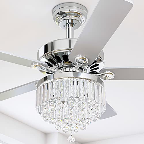 YITAHOME Chandelier Ceiling Fan with Remote, 52 Inch Crystal Fan Light, Indoor Fan Ceiling with 3 Speed, Silent Reversible Motor, Dual-sided Blades, Timer, Balance Kit - Chrome