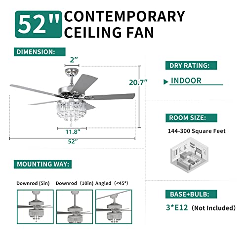 YITAHOME Chandelier Ceiling Fan with Remote, 52 Inch Crystal Fan Light, Indoor Fan Ceiling with 3 Speed, Silent Reversible Motor, Dual-sided Blades, Timer, Balance Kit - Chrome
