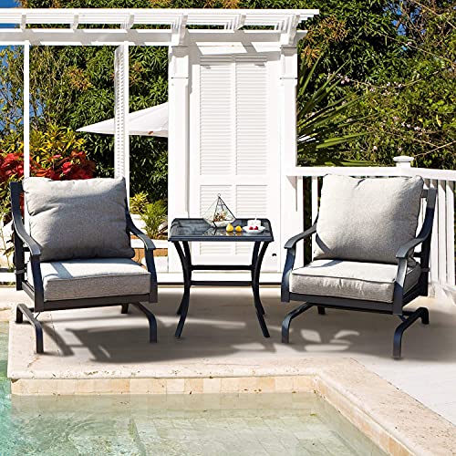 Grand patio 3 PCS Patio Furniture Set Outdoor Bistro Set Metal K/D Chat Set Rocking Chair with Gray Comfortable Cushions for Garden Lawn & Poolside