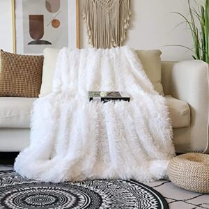 decorative extra soft faux fur throw blanket 50″ x 60″,solid reversible fuzzy lightweight long hair shaggy blanket,fluffy cozy plush fleece comfy microfiber fur blanket for couch sofa bed,pure white