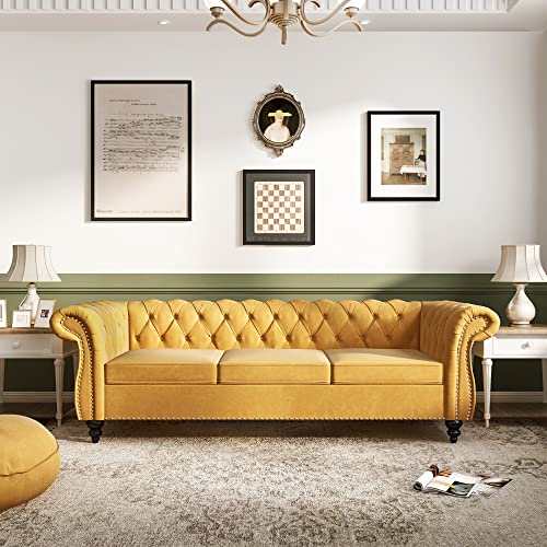 NOSGA Large Sofa, Modern 3 Seater Couch Furniture, Three-seat Sofa Classic Tufted Chesterfield Settee Sofa Tufted Back for Living Room (Yellow)