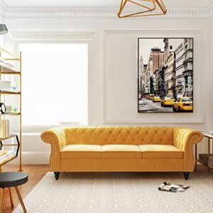 NOSGA Large Sofa, Modern 3 Seater Couch Furniture, Three-seat Sofa Classic Tufted Chesterfield Settee Sofa Tufted Back for Living Room (Yellow)