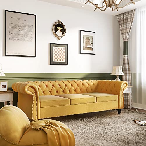 NOSGA Large Sofa, Modern 3 Seater Couch Furniture, Three-seat Sofa Classic Tufted Chesterfield Settee Sofa Tufted Back for Living Room (Yellow)