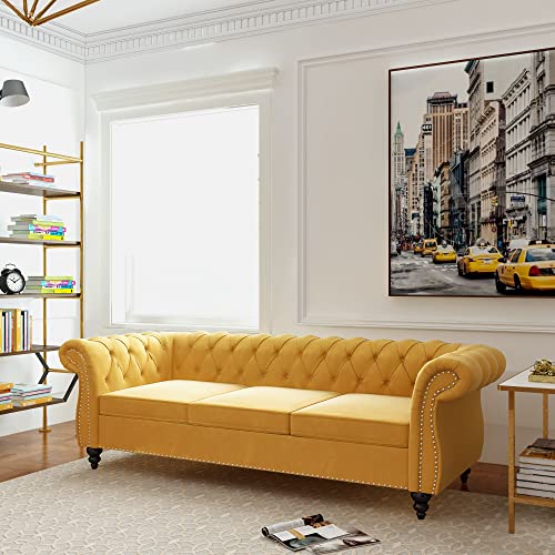 NOSGA Large Sofa, Modern 3 Seater Couch Furniture, Three-seat Sofa Classic Tufted Chesterfield Settee Sofa Tufted Back for Living Room (Yellow)