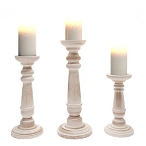 Barnyard Designs Rustic Pillar Candle Holder Stands, Tall Wood Candlestick Centerpieces for Table or Living Room Decor, White, Set of 3, (14", 11.5", and 9" Tall)