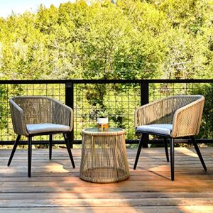 east oak patio furniture set 3-piece, outdoor conversation set handwoven rattan wicker chairs with waterproof cushions, tempered glass top coffee table, porch bistro sets for backyard, garden and deck