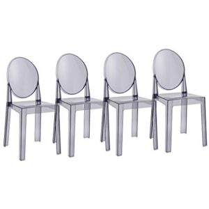 2xhome Set of 4 Large Size – Smoke Crystal Mid Century Modern Contemporary Ghost Side Chair No Arms Wheels Armless with Back Transparent Guest Work