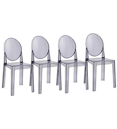 2xhome Set of 4 Large Size – Smoke Crystal Mid Century Modern Contemporary Ghost Side Chair No Arms Wheels Armless with Back Transparent Guest Work