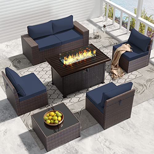 RTDTD Outdoor Patio Furniture Set with Propane Fire Pit Table, 7 Pieces Outdoor Furniture Patio Sectional Sofa Conversation Sets w/ETL Approved 43" Gas Outdoor Fire Table & Coffee Table (Dark Blue)