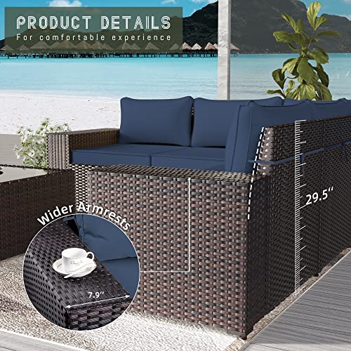 RTDTD Outdoor Patio Furniture Set with Propane Fire Pit Table, 7 Pieces Outdoor Furniture Patio Sectional Sofa Conversation Sets w/ETL Approved 43" Gas Outdoor Fire Table & Coffee Table (Dark Blue)