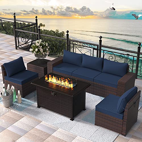 RTDTD Outdoor Patio Furniture Set with Propane Fire Pit Table, 7 Pieces Outdoor Furniture Patio Sectional Sofa Conversation Sets w/ETL Approved 43" Gas Outdoor Fire Table & Coffee Table (Dark Blue)