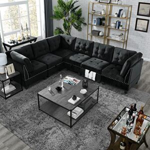 melpomene 116” velvet l shape modular sectional sofa with storage function and diy combination, rivet living room furniture sets includes three single chair three corner,black