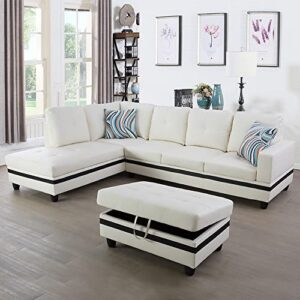 gebadol 103″ wide sectional living room furniture set l-shape sofa chaise and storage ottoman 3 pieces faux leather couch set (white&black/left-hand facing)