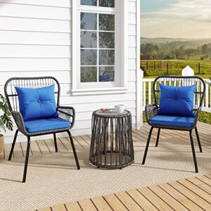 yitahome 3-piece outdoor patio furniture wicker bistro set, all-weather rattan conversation chairs for backyard, balcony and deck with soft cushions, glass side table (gray+navy blue)