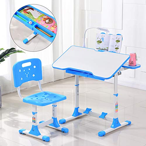 Articles for daily use Children's Study Desk and Chair Set, Height-Adjustable, Multi-Function and Liftable Study Desk, Bookshelf with LED Light, Student Writing Desk with Pull-Out Drawer