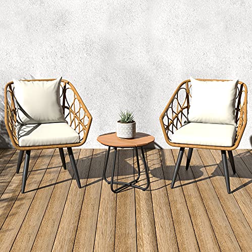 Amazon Basics Outdoor All-Weather Woven Faux Rattan Chair Set with Cushions and Side Table, Tan - 3-Piece Set