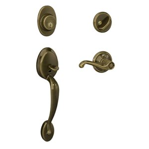 schlage f60 v ply 609 fla plymouth front entry handleset with flair lever, deadbolt keyed 1 side, antique brass