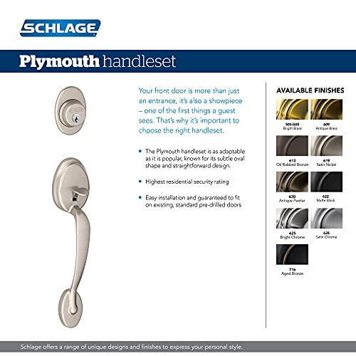 SCHLAGE F60 V PLY 609 FLA Plymouth Front Entry Handleset with Flair Lever, Deadbolt Keyed 1 Side, Antique Brass