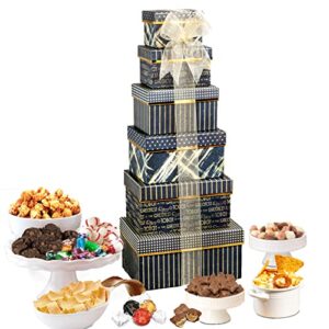 broadway basketeers gourmet food gift basket 6 box tower for birthdays – curated snack box, sweet and savory treats for parties, best wishes, birthday presents for women, men, mom, dad, her, him, families