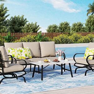 Sophia & William Patio Conversation Sets 4 Pcs Outdoor Metal Furniture Sets 5 Seats with 1 x 3-Seat Sofa, 2 x Cushioned Sofa Chairs, 1x Marbling Metal Coffee Table Patio Lawn Backyard Poolside Beige