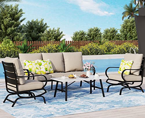 Sophia & William Patio Conversation Sets 4 Pcs Outdoor Metal Furniture Sets 5 Seats with 1 x 3-Seat Sofa, 2 x Cushioned Sofa Chairs, 1x Marbling Metal Coffee Table Patio Lawn Backyard Poolside Beige