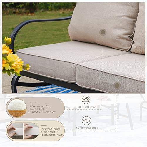 Sophia & William Patio Conversation Sets 4 Pcs Outdoor Metal Furniture Sets 5 Seats with 1 x 3-Seat Sofa, 2 x Cushioned Sofa Chairs, 1x Marbling Metal Coffee Table Patio Lawn Backyard Poolside Beige