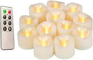 led flickering flameless votive tea lights candles with remote control battery operated set of 12 / electric outdoor tealights timer candle for christmas,xmas decorations (batteries included) 200hours