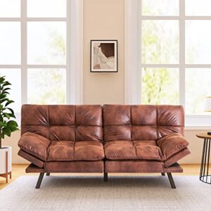 vyfipt futon sofa bed/couch, memory foam small splitback sofa for living room,modern loveseat with covertible armrests,71″ l,faux leather/3″ cushion thicker version/brown