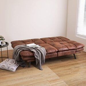 Vyfipt Futon Sofa Bed/Couch, Memory Foam Small Splitback Sofa for Living Room,Modern Loveseat with Covertible Armrests,71" L,Faux Leather/3" Cushion Thicker Version/Brown