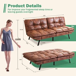 Vyfipt Futon Sofa Bed/Couch, Memory Foam Small Splitback Sofa for Living Room,Modern Loveseat with Covertible Armrests,71" L,Faux Leather/3" Cushion Thicker Version/Brown