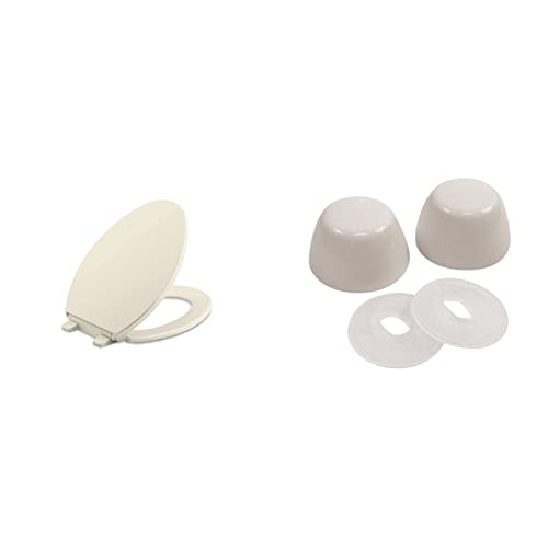 KOHLER K-4774-47 Brevia Elongated Toilet Seat, in Almond, L 18-5/8", W 14-3/16" & Danco 89094A Universal Toilet Bolt Cap, Plastic, Almond