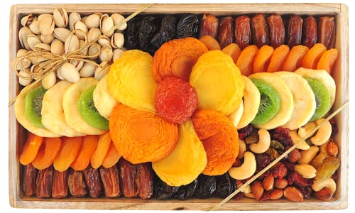 LARGE 10 Varieties—Holidays Nut and Dried Fruit Gift Basket, — Healthy Gift Option in Reusable WoodenTray—PRIME ARRANGEMENT PLATTER Gourmet Snack Food Box - Christmas, Corporate Treat Box, Sympathy