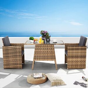 KROFEM 3 Pieces Waterproof Outdoor Rattan Furniture Set with Cushions, Ideal for Patio, Lawn,Balcony, Backyard, Garden, Swimming Pool, Yard Nature Frame and Dark Grey Cushion