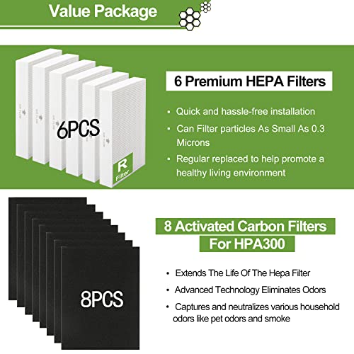 Smilyan 6 Pack Hpa300 HEPA Replacement Filter R for Honeywell HPA300 HPA200 HPA100 HPA090 Series Air Purifier, Compared to HRF-R3 HRF-R2 HRF-R1 (6 Hepa + 8 Carbon)