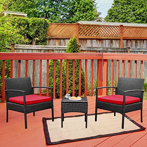 PROHIKER 3 PCS Patio Rattan Conversation Chair Set, 3 PCS Patio Wicker Rattan Furniture Set, Patio Wicker Rattan Table