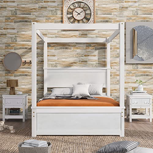 Bellemave Full Size Wood Canopy Bed with Trundle and Two Nightstands, 4-Post Platform Frame Headboard, 3 Pieces Bedroom Set (Brushed White) Full Canopy Bed+2 Nightstands