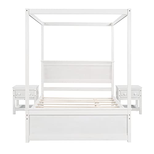 Bellemave Full Size Wood Canopy Bed with Trundle and Two Nightstands, 4-Post Platform Frame Headboard, 3 Pieces Bedroom Set (Brushed White) Full Canopy Bed+2 Nightstands