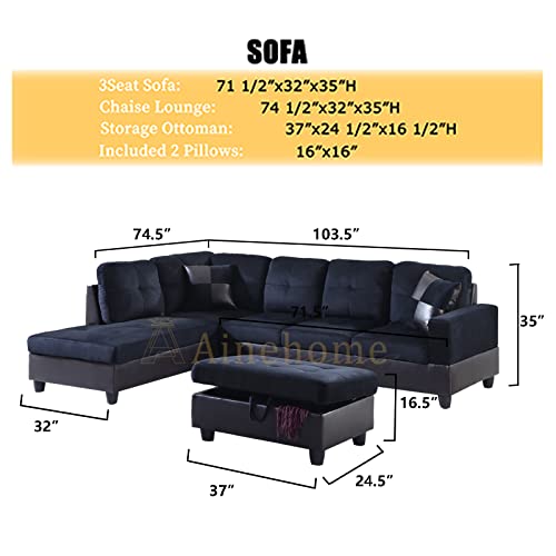 A Ainehome L Shape Sectional Sofa 104" Wide Living Room Furniture Set 3-Seat Sofa with Chaise Lounge and Storage Ottoman for Home Decor Apartment Office (Left Hand Facing, Midnight Blue)