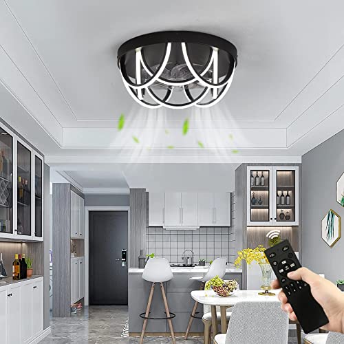 Ceiling Fan with Lights Flush Mount Ceiling Fan with Remote Control, 17 Inch Industrial LED Low Profile Ceiling Fan with Lights 3-Color Dimming for Bedroom Kitchen Dining Living Room