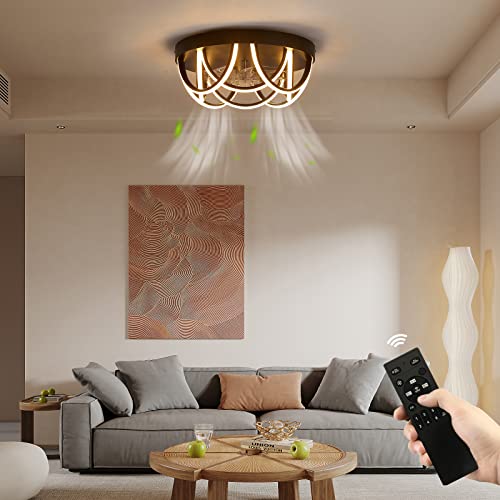 Ceiling Fan with Lights Flush Mount Ceiling Fan with Remote Control, 17 Inch Industrial LED Low Profile Ceiling Fan with Lights 3-Color Dimming for Bedroom Kitchen Dining Living Room