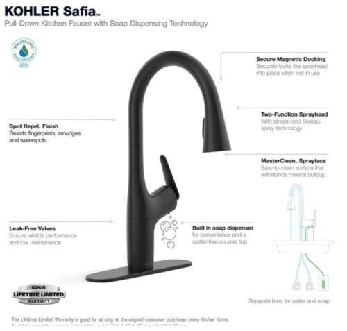Kohler Safia 1-Handle Pull Down Sprayer Kitchen Faucet with Integrated Soap Dispenser in Matte Black