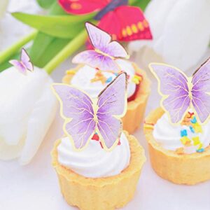 Cyodoos 30pcs Purple Gold Edge Mixed Size Lively 3D Butterfly Cupcake Topper for Girls Women's Happy Birthday Wedding Party Cake Wall Party Food Decorations